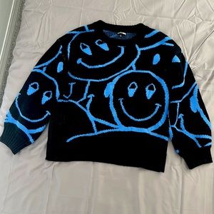 Blue and Black Smiley Face Cable Knit Sweater